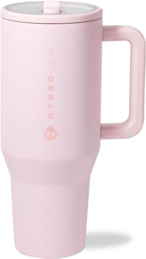 HydroJug Traveler – 40 oz Water Bottle with Handle & Flip Straw – Fits in Cup Holder, Leak Resistant Tumbler-Reusable Insulated Stainless Steel & Rubber Base – Gifts for Women & Men, Pink Sand