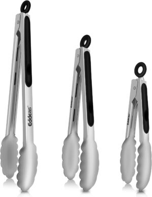 Tongs For Cooking – Heat Resistant 600 Degrees Stainless Steel Kitchen Tong,Heavy Duty Metal Locking Tongs – Perfect for Food,Salad and BBQ set of 3 (7″,9″ and 12″) Dishwasher