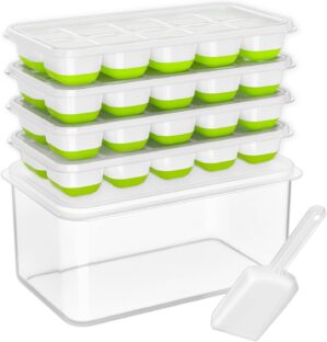 DOQAUS Ice Cube Tray with Lid and Bin, 4 Pack Silicone Plastic Ice Cubes Trays for Freezer with Box/Container, Stackable with Storage Iced Bucket Kits, Scoop, for Soup, Food, Cocktail, Coffee