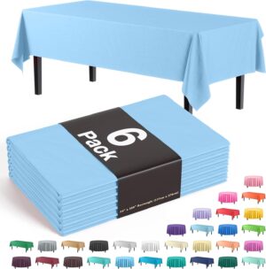 Exquisite 6-Pack Premium Plastic Tablecloth 54in. x 108in. Rectangle Plastic Table Cover – Light Blue