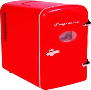 Frigidaire Red Mini Personal Fridge Cooler, 1 Gal Capacity fits Six Cans, Includes Plugs for Home Outlet & DC Charger – 9.84″ D x 7.09″ W x 10.35″ H