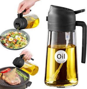 YARRAMATE Olive Oil Dispenser, 2 in 1 Oil Sprayer for Cooking, 16oz/470ml Glass Oil Spray Bottle for Kitchen, Salad, Frying, BBQ (Black)