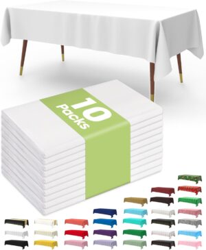 Pureegg Plastic Table Cloth Disposable 10 Pack, 54 x 108 Inch Table Cloths for Parties, Decorative Tablecloths for Rectangle Tables, White Plastic Cover, Leakproof & Sturdy, White