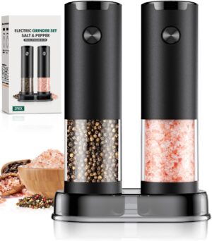 Electric Salt and Pepper Grinder Set Automatic Battery Pepper Mill Shakers Adjustable Coarseness Easy Filling Upgraded Larger Capacity with Led (2 Pack Black/Black）
