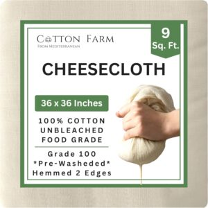 Cotton Farm Grade 100 XL Cheese Cloths – Straining & More; 36×36 Inch; 100% Unbleached Cotton Cheesecloth; Reusable with Hemmed 2 Edges; Ultra-Dense (the finest) Butter Muslin