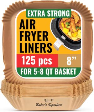 Air Fryer Paper Liners, 125Pcs Air Fryer Disposable Liners, Non-Stick and Oil Proof for Easy Cleanup, 8” Square for 5-8 qt Basket by Baker’s Signature